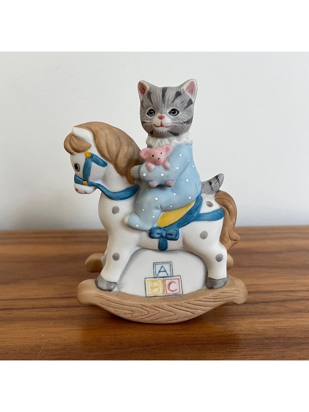 VINTAGE Schmid Kitty Cucumber 1988 Ceramic Figurine Kitty Rocking Horse ABC Baby